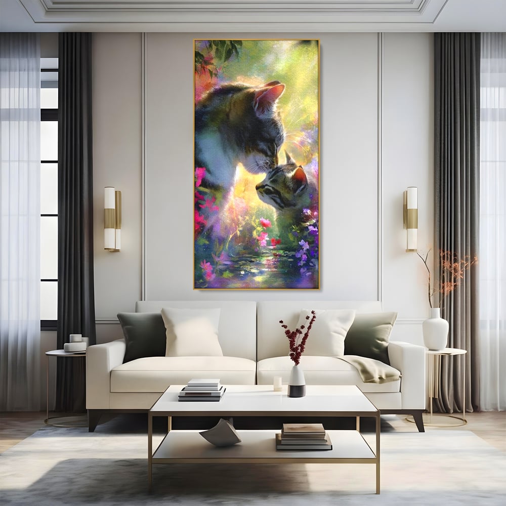 Tablou canvas cu tablou canvas cu pisici mangaite in gradina, in rama de aluminiu auriu, pe perete intr-un living